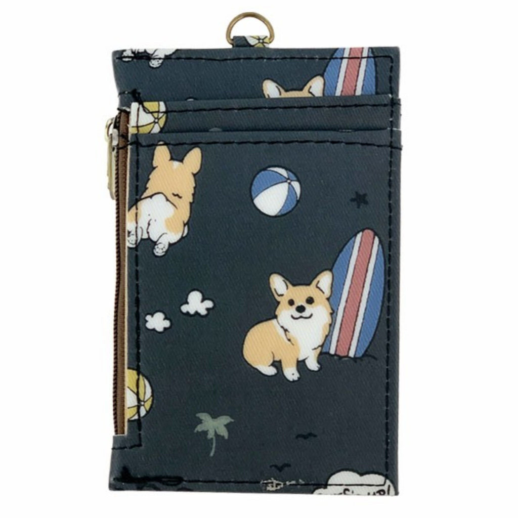 Black Surfing Corgi Stretchy ID Holder