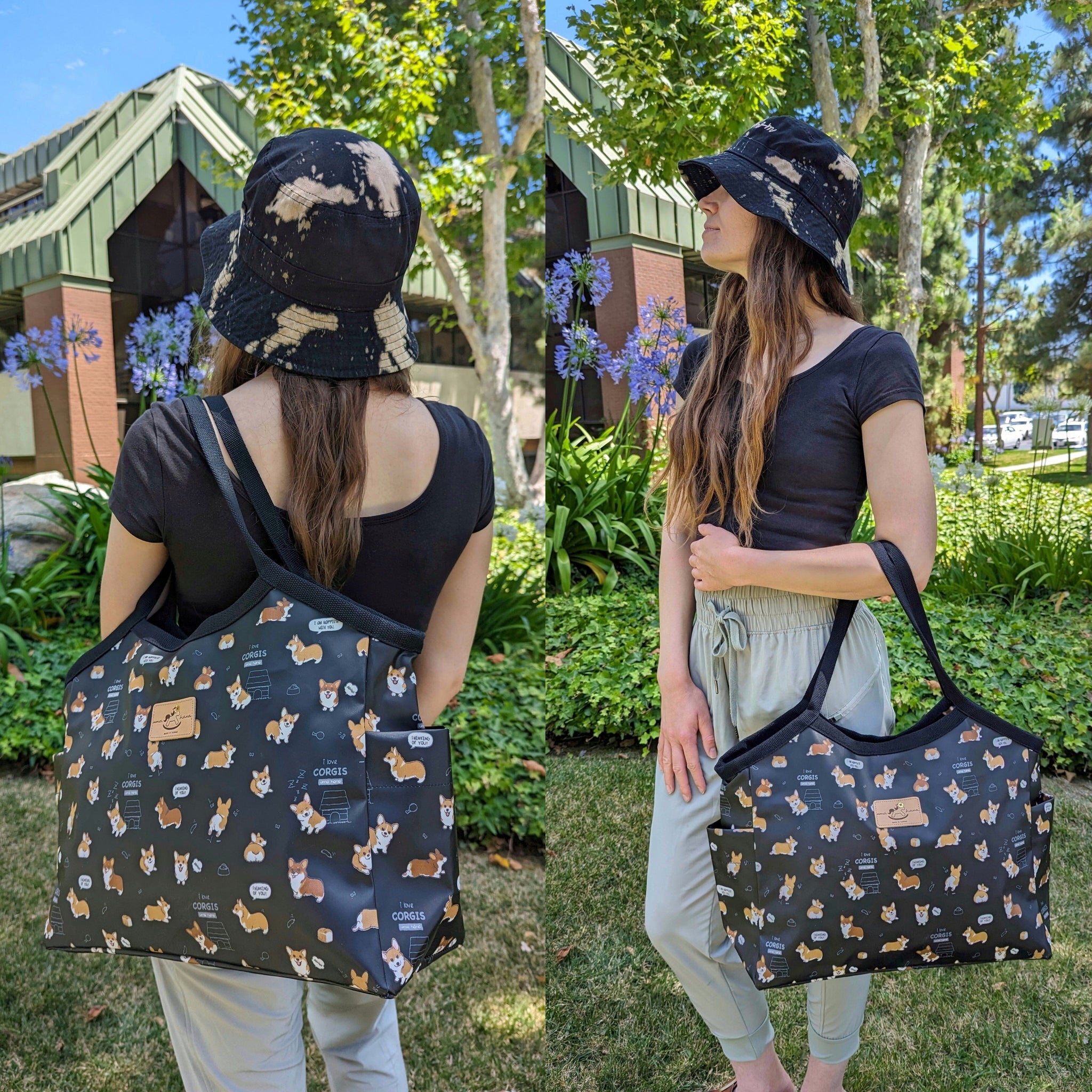 Black Corgi Puppy Trapeze Shoulder Tote