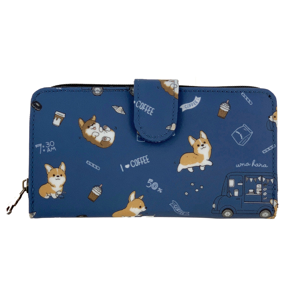 Blue Corgis & Coffee Long Snap Fold Wallet Wallet Tworgis 