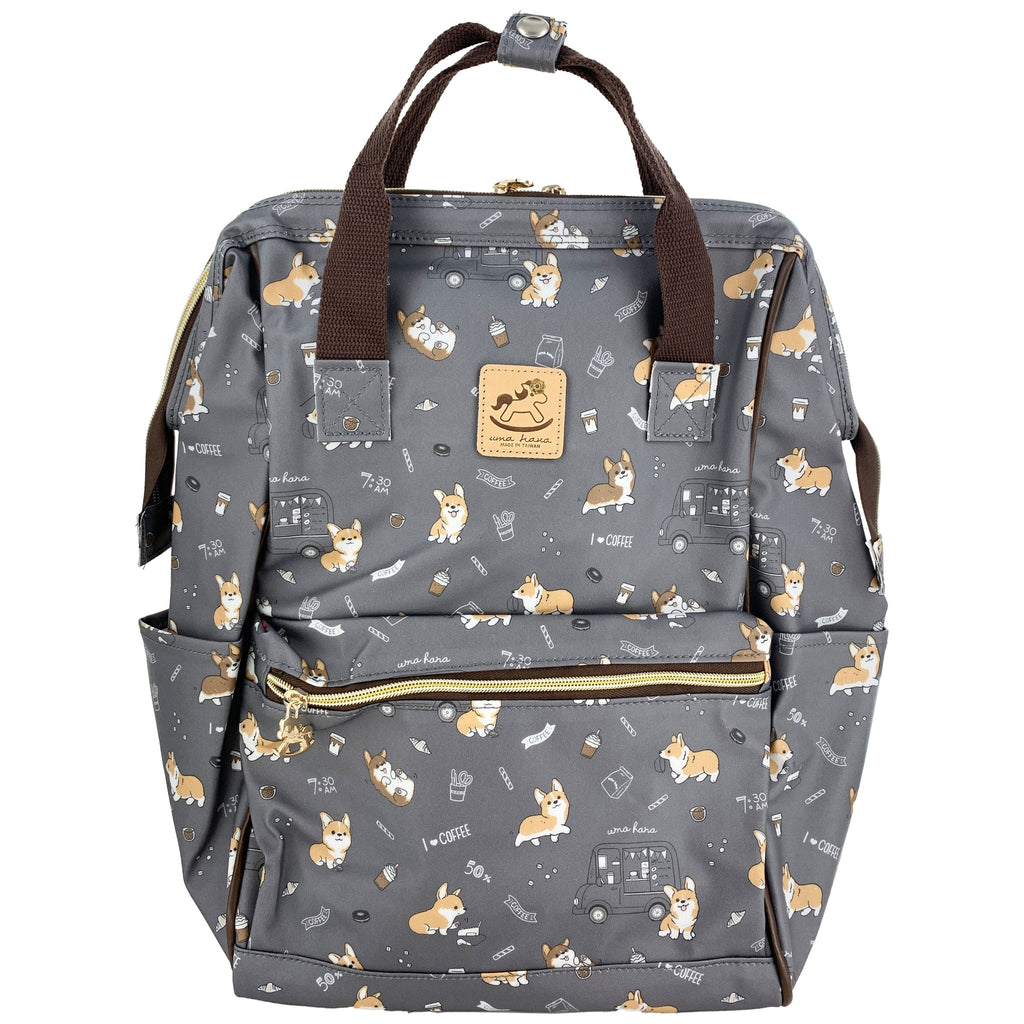 Gray Corgis & Coffee Large Opening Backpack