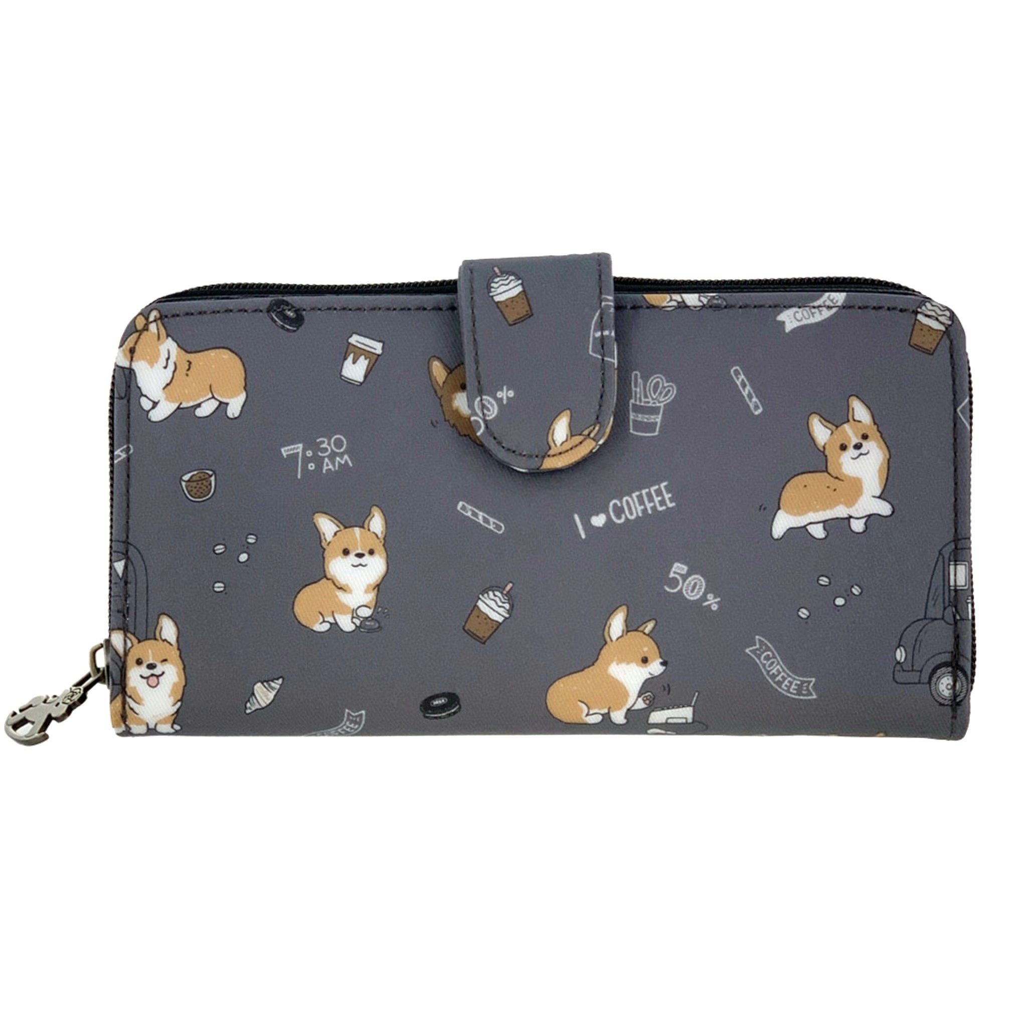 Gray Corgis & Coffee Long Snap Fold Wallet Wallet Tworgis 