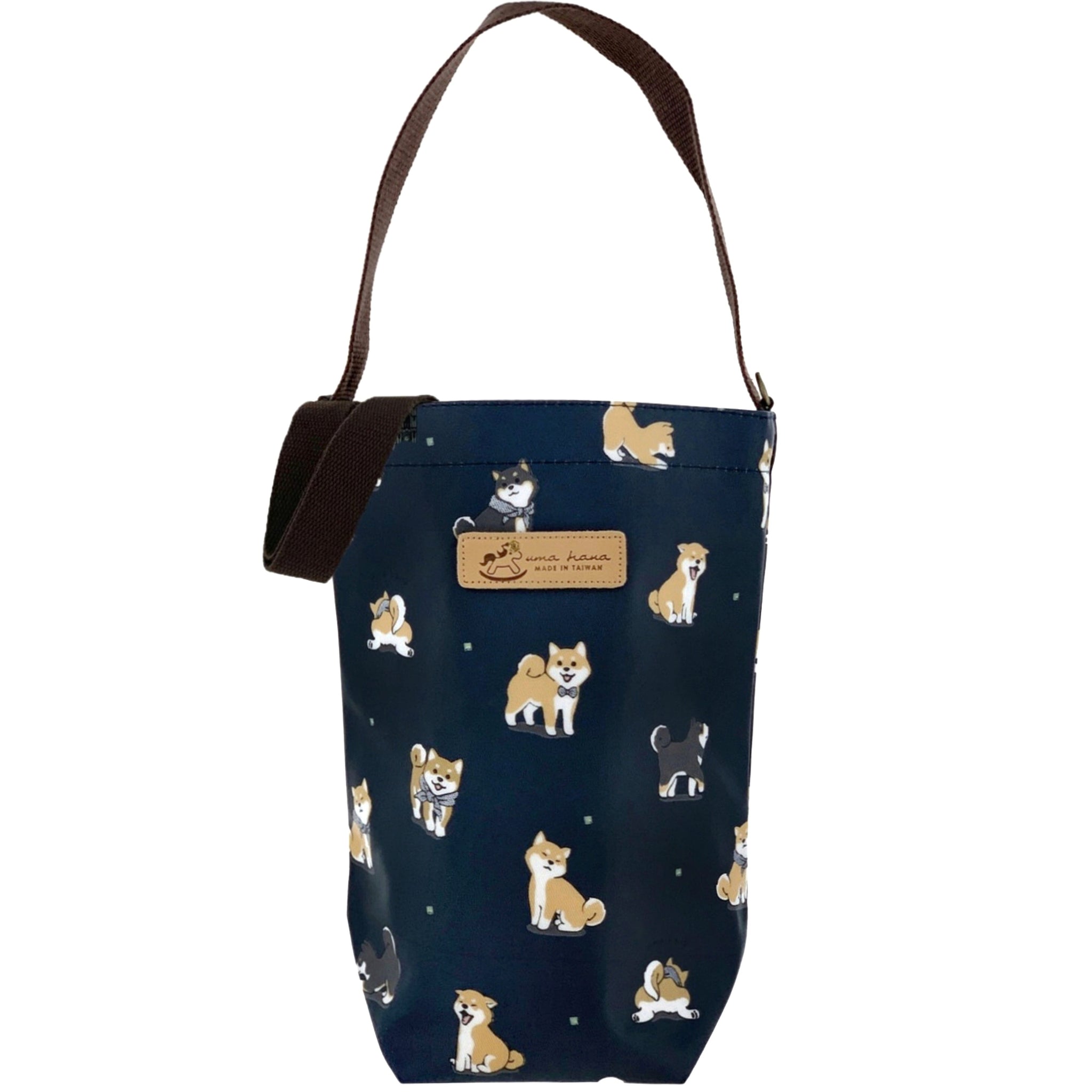 Navy Blue Shiba Inu Large Water Bottle Crossbody Drink Holder Tworgis 