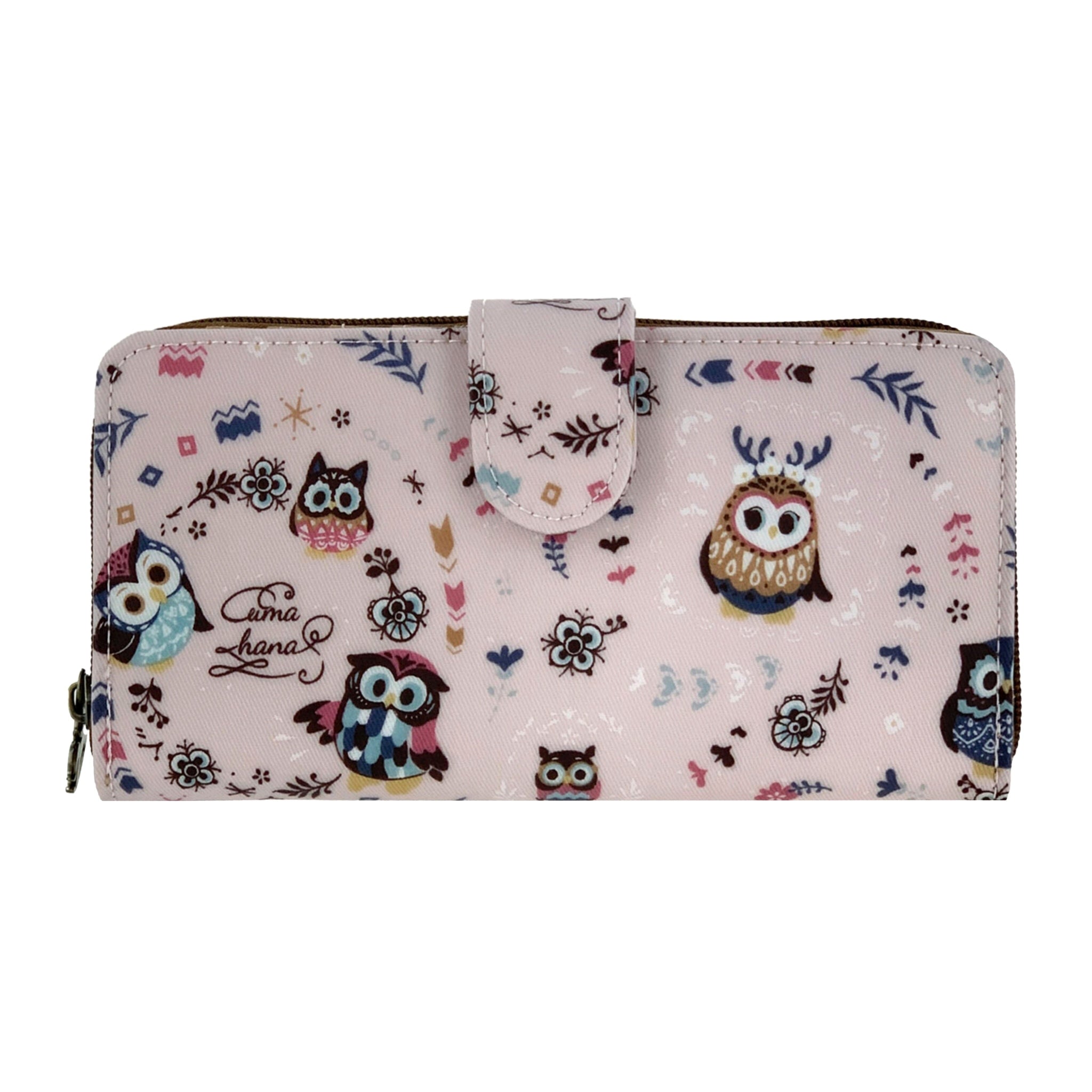 Pink Owl Leaves Long Snap Fold Wallet Wallet Tworgis 