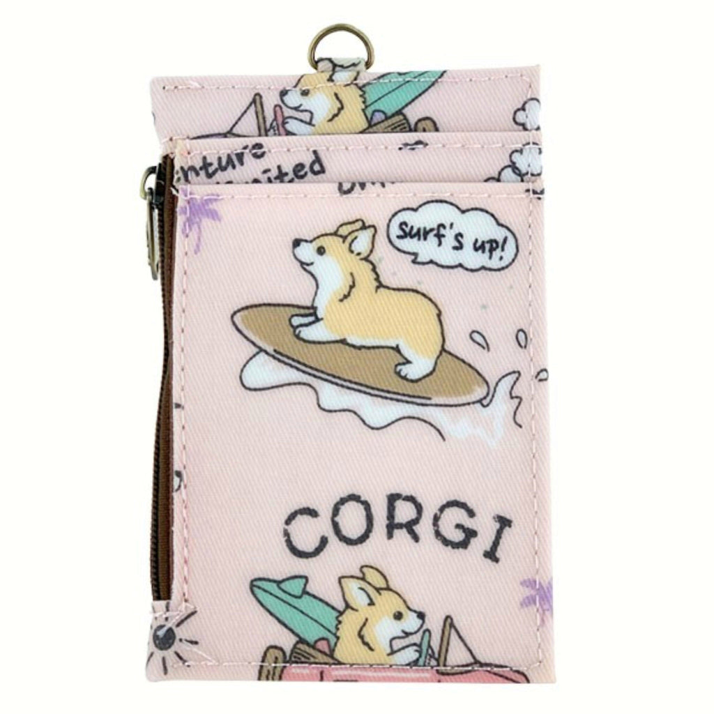 Pink Surfing Corgi Stretchy ID Holder