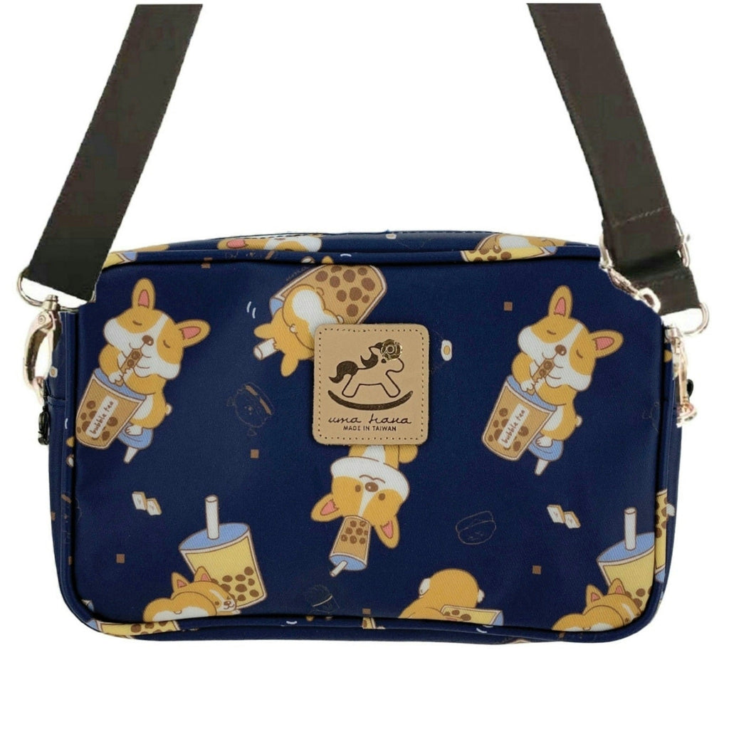 Blue Bubble Tea Corgi Double Zipper Crossbody