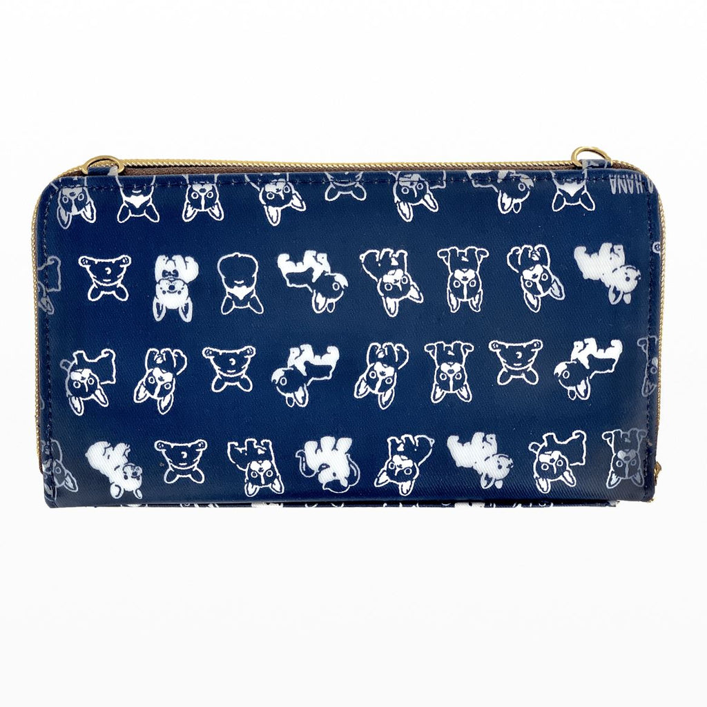 Back of a blue French bulldog pattern shoulder clutch wallet from Uma Hana and Tworgis