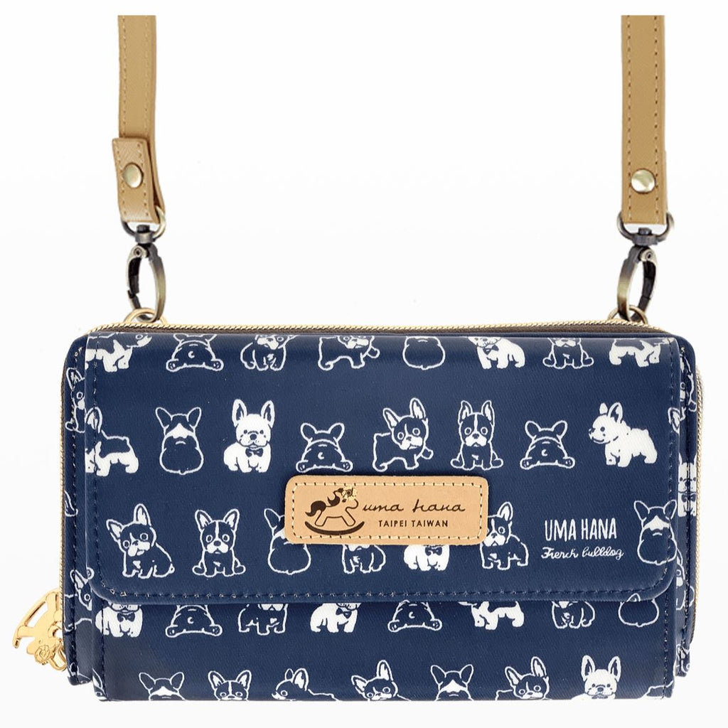 Front of a blue French bulldog pattern shoulder clutch wallet from Uma Hana and Tworgis
