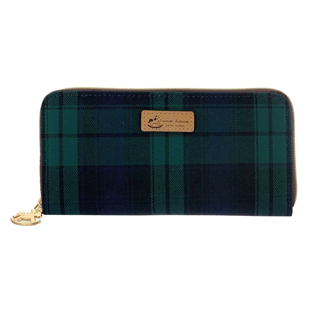 Front of the green and blue tartan plaid long wallet from Tworgis