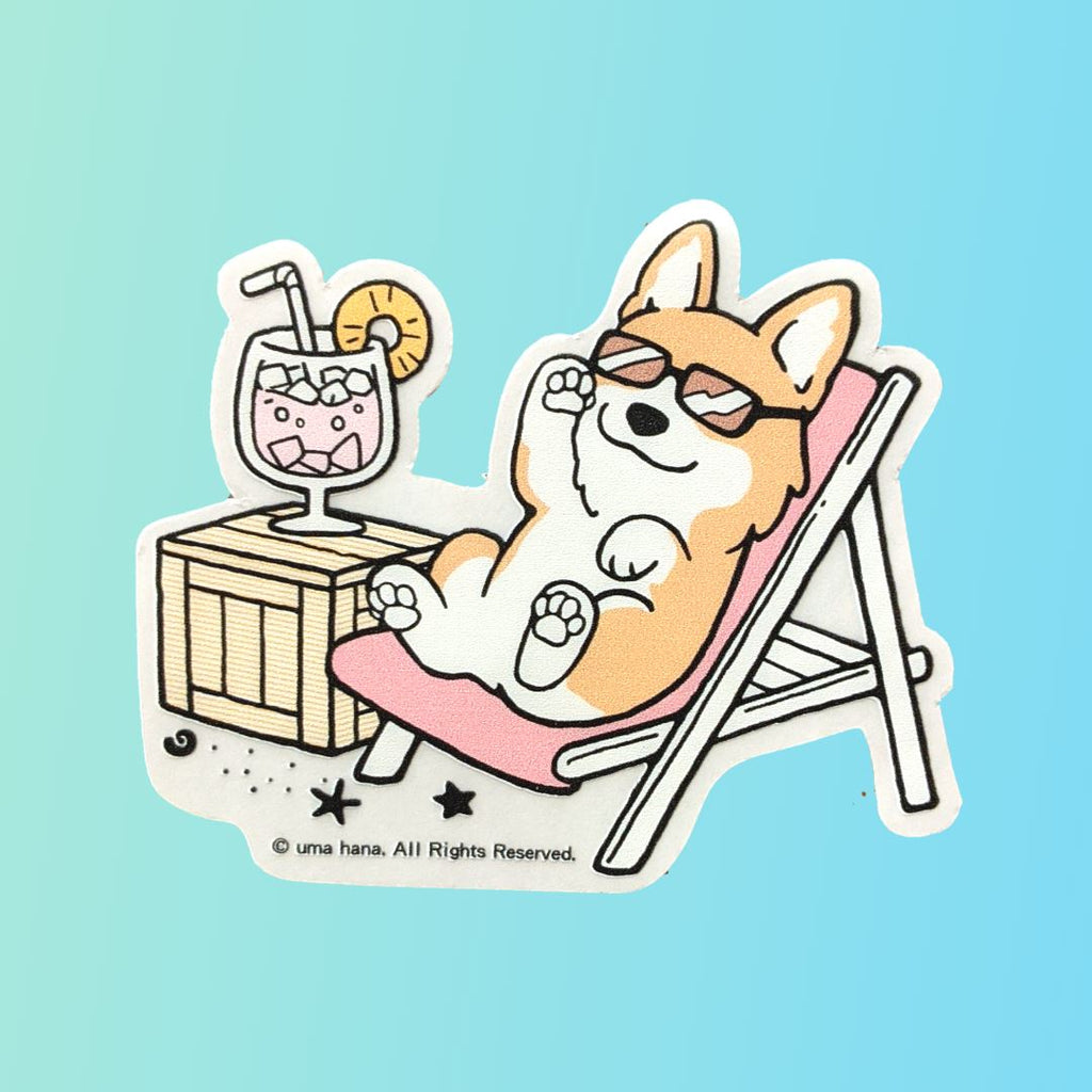 Corgi Relaxing On The Beach Vinyl Sticker Sticker Tworgis 
