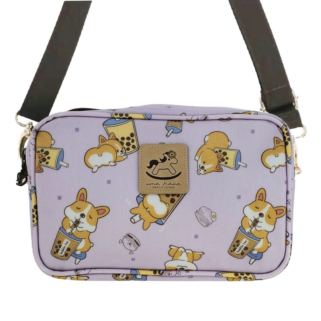 Purple Bubble Tea Corgi Double Zipper Crossbody