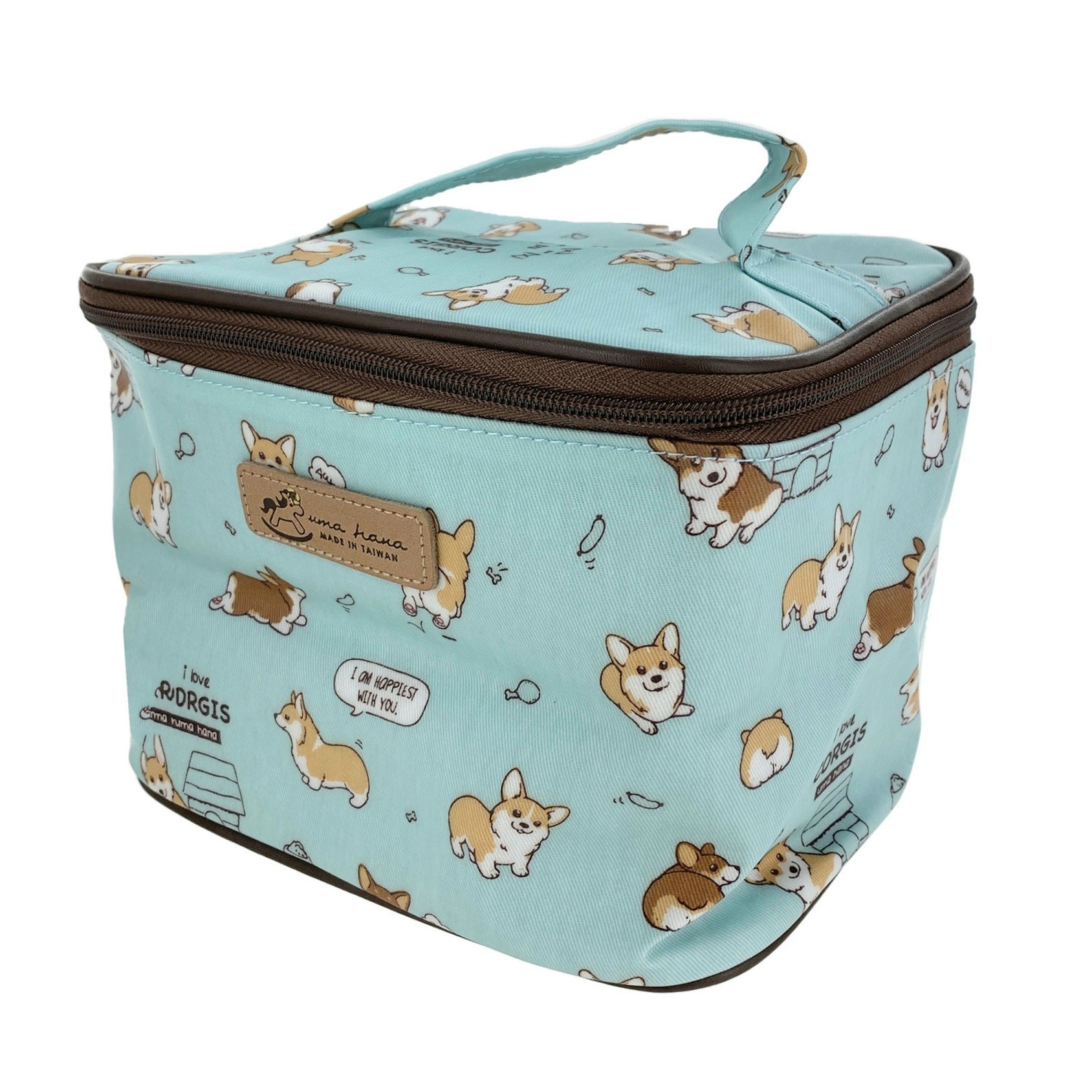 Teal Corgi Puppy Travel Cosmetic Bag