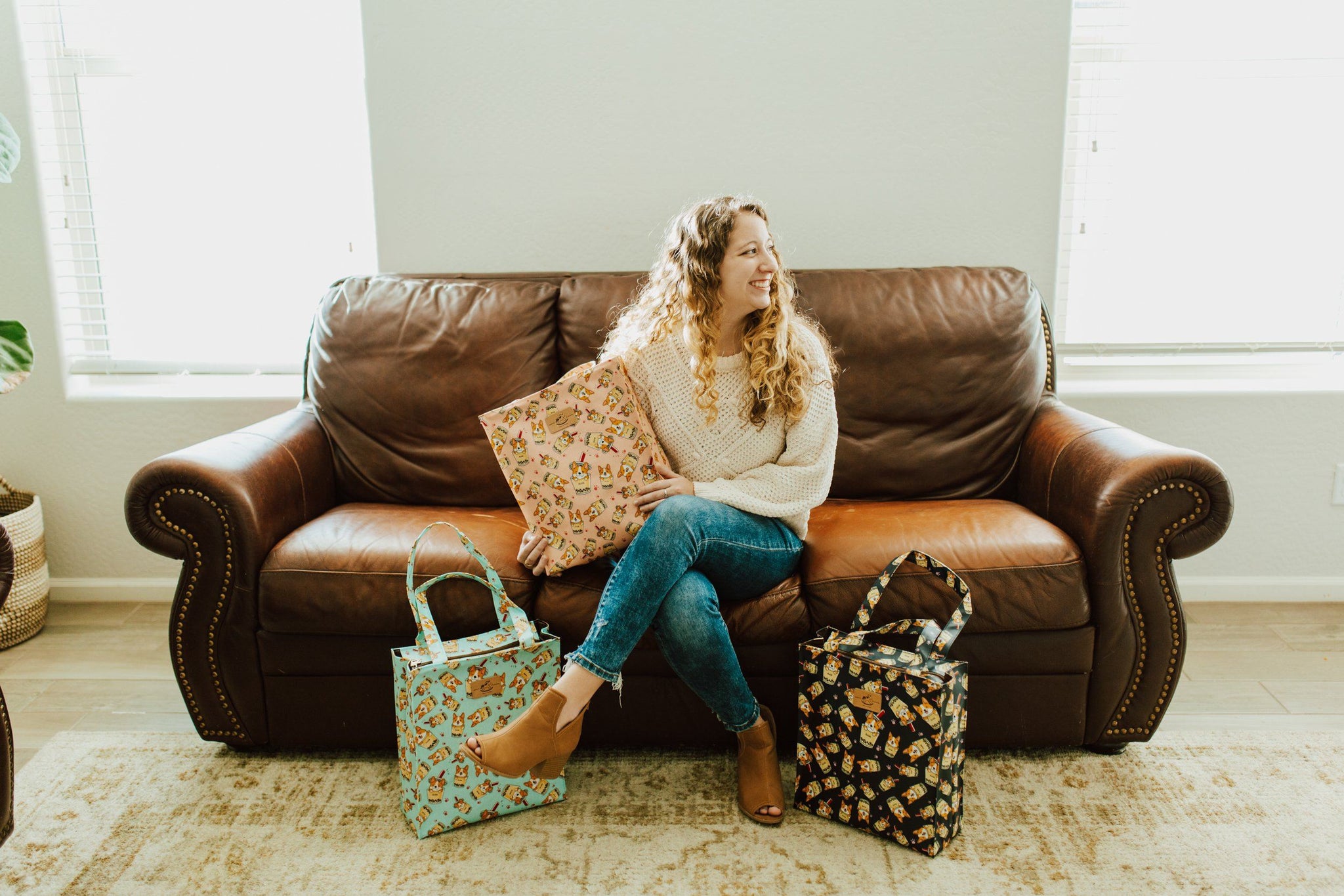 Teal Snow Corgi Large Tote Tote Tworgis 